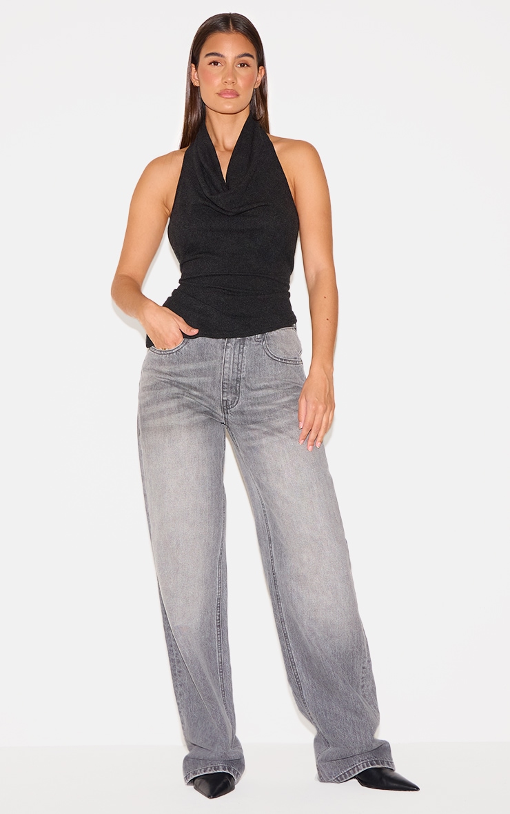 Black Textured Cowl Neck Backless Long Top image 3