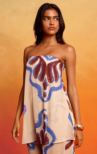 Top bustier long crêpé crème imprimé dalles