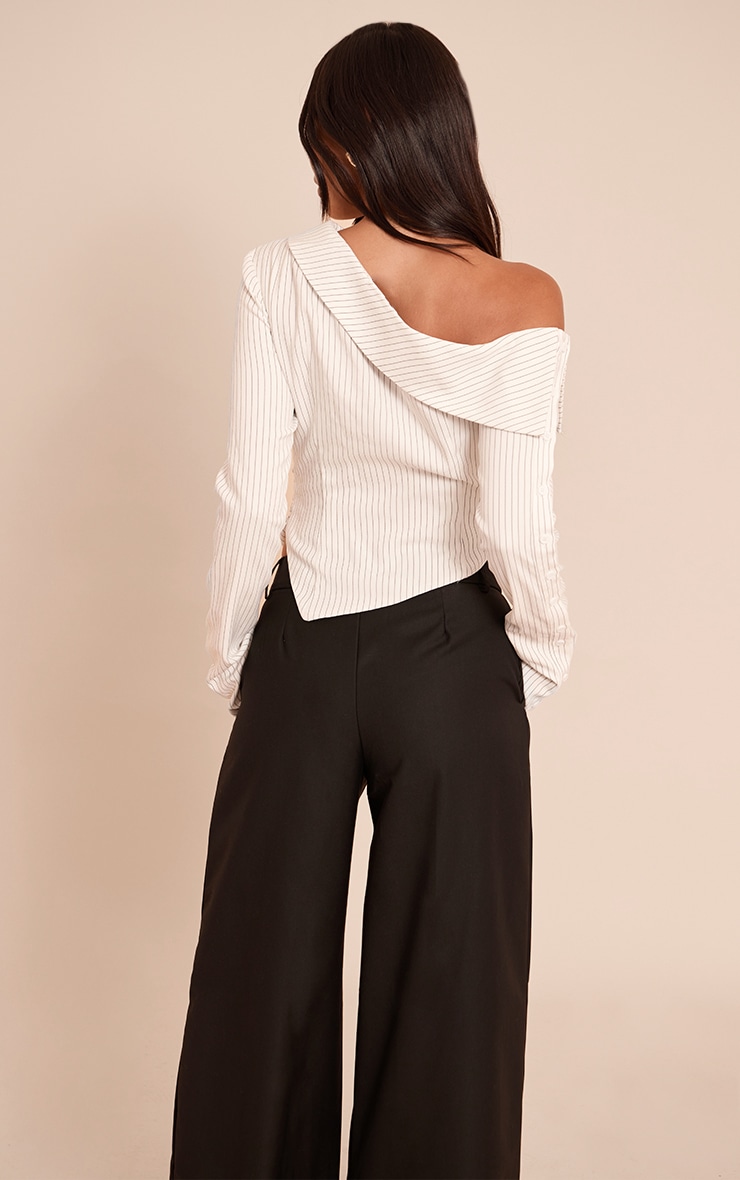 Monochrome Pinstripe Bardot Asymmetric Hem Long Sleeve Shirt image 2