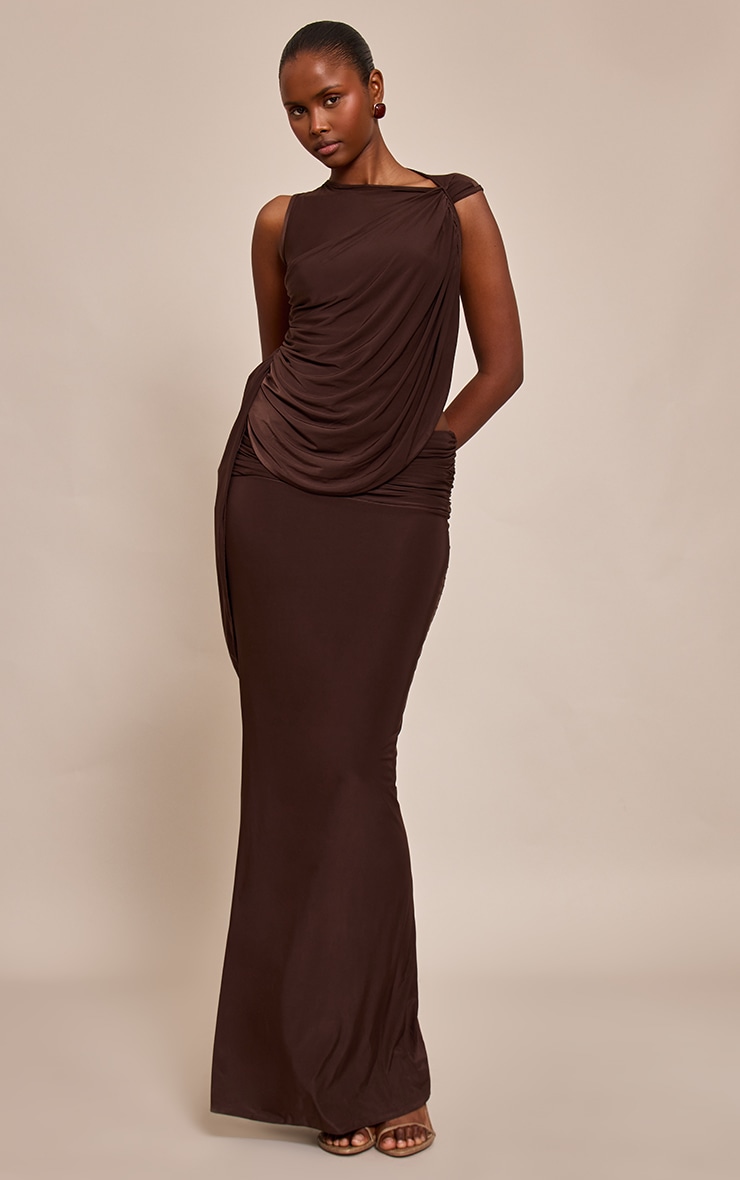 Chocolate Slinky Ruched Waist Maxi Skirt