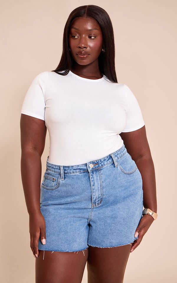 Plus White Cotton Crew Neck Short Sleeve Bodysuit 