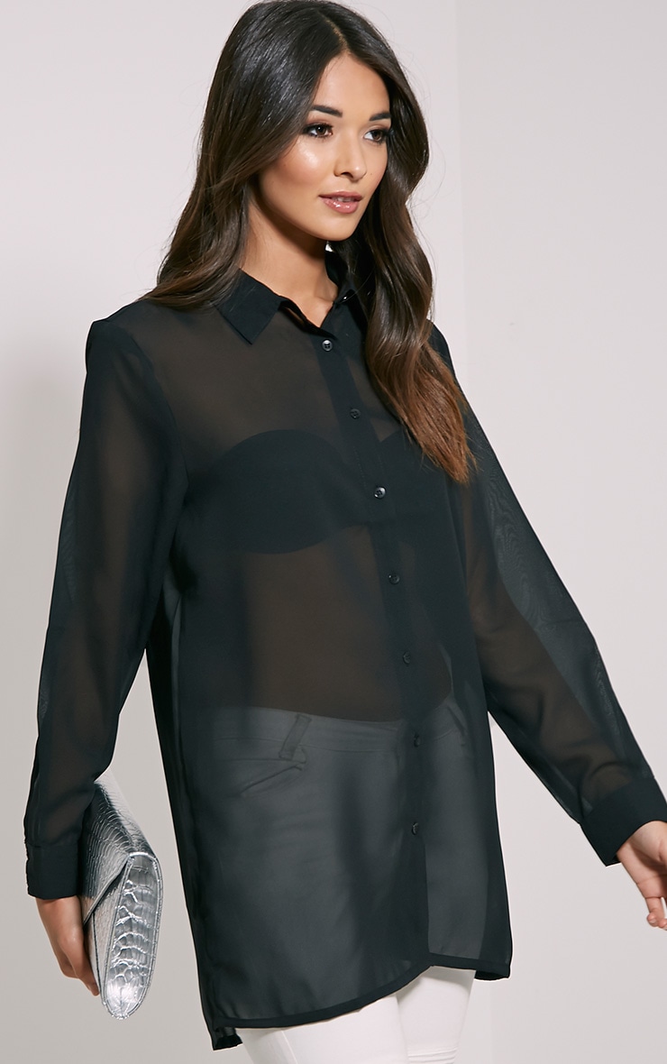 Daniela Black Chiffon Shirt Tops PrettylittleThing PrettyLittleThing