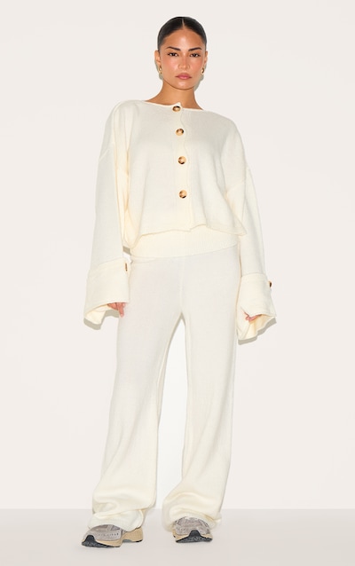 Petite Cream Knitted Fold Over Flare Pants