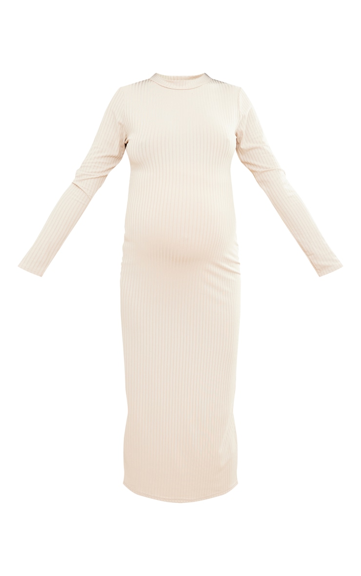 Maternity Moss Sand Ribbed Long Sleeve Midi Dress image 1