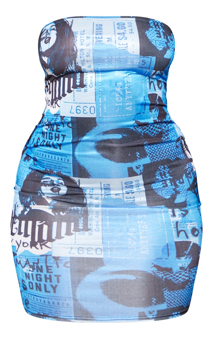 Shape Blue Newspaper Print Bandeau Bodycon Dress image 5