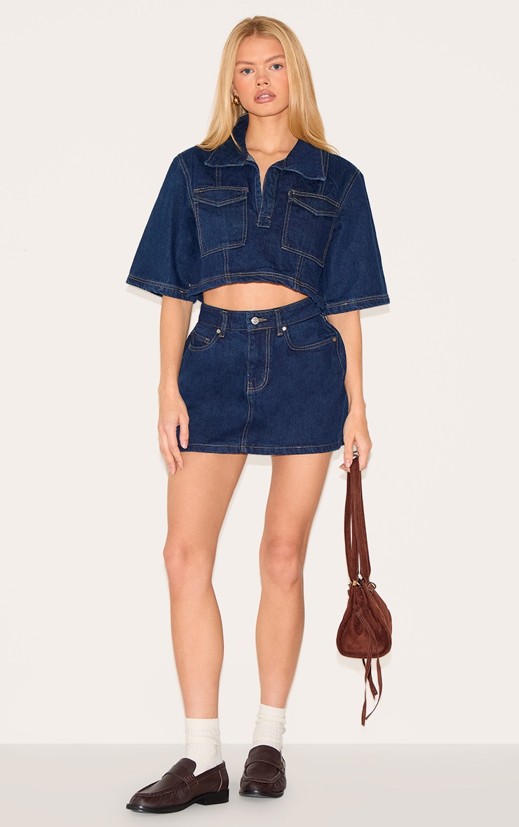 jupe En Jean Indigo Sans Bande De Taille À Coutures Contrastantes