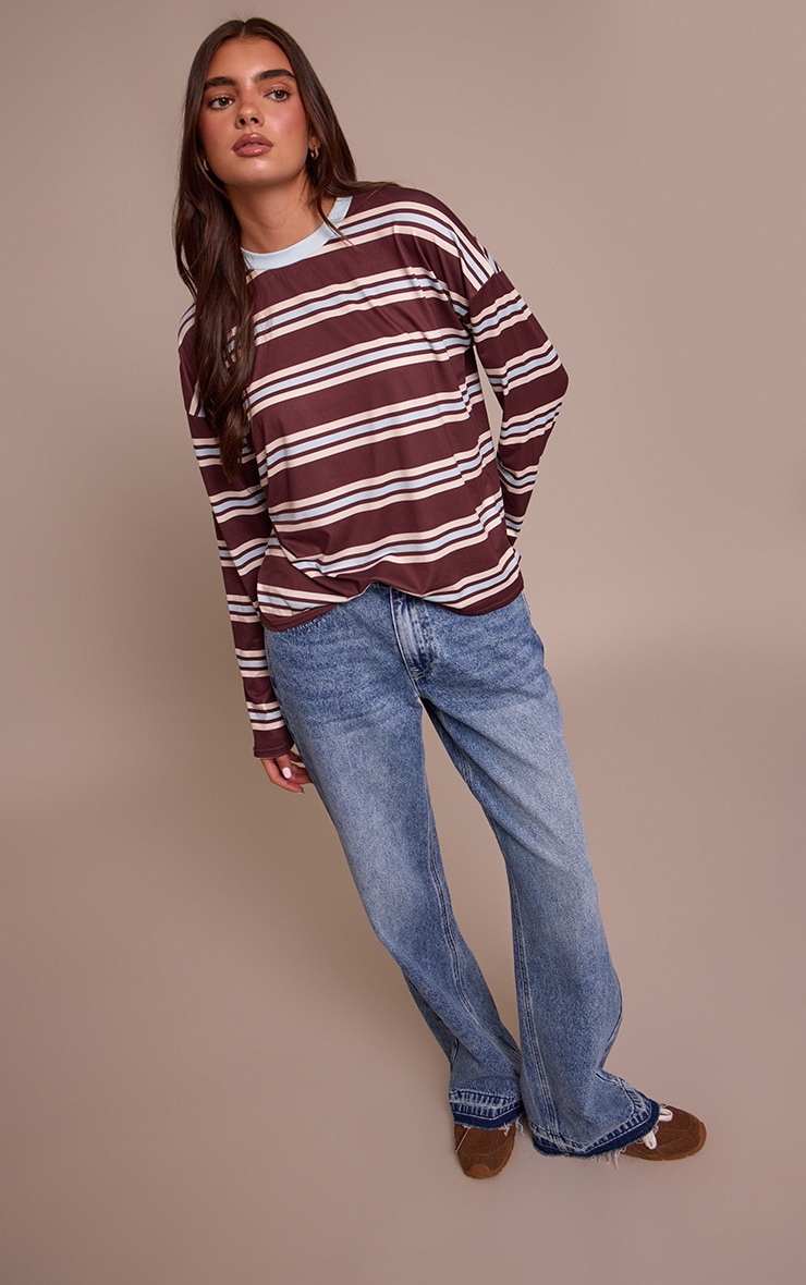 Burgundy Stripe Crew Neck Long Sleeve Top image 3