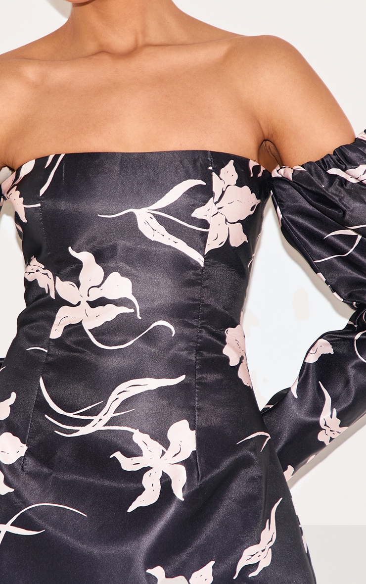Black Floral Print Oversized Puff Sleeve A Line Shift Dress image 4
