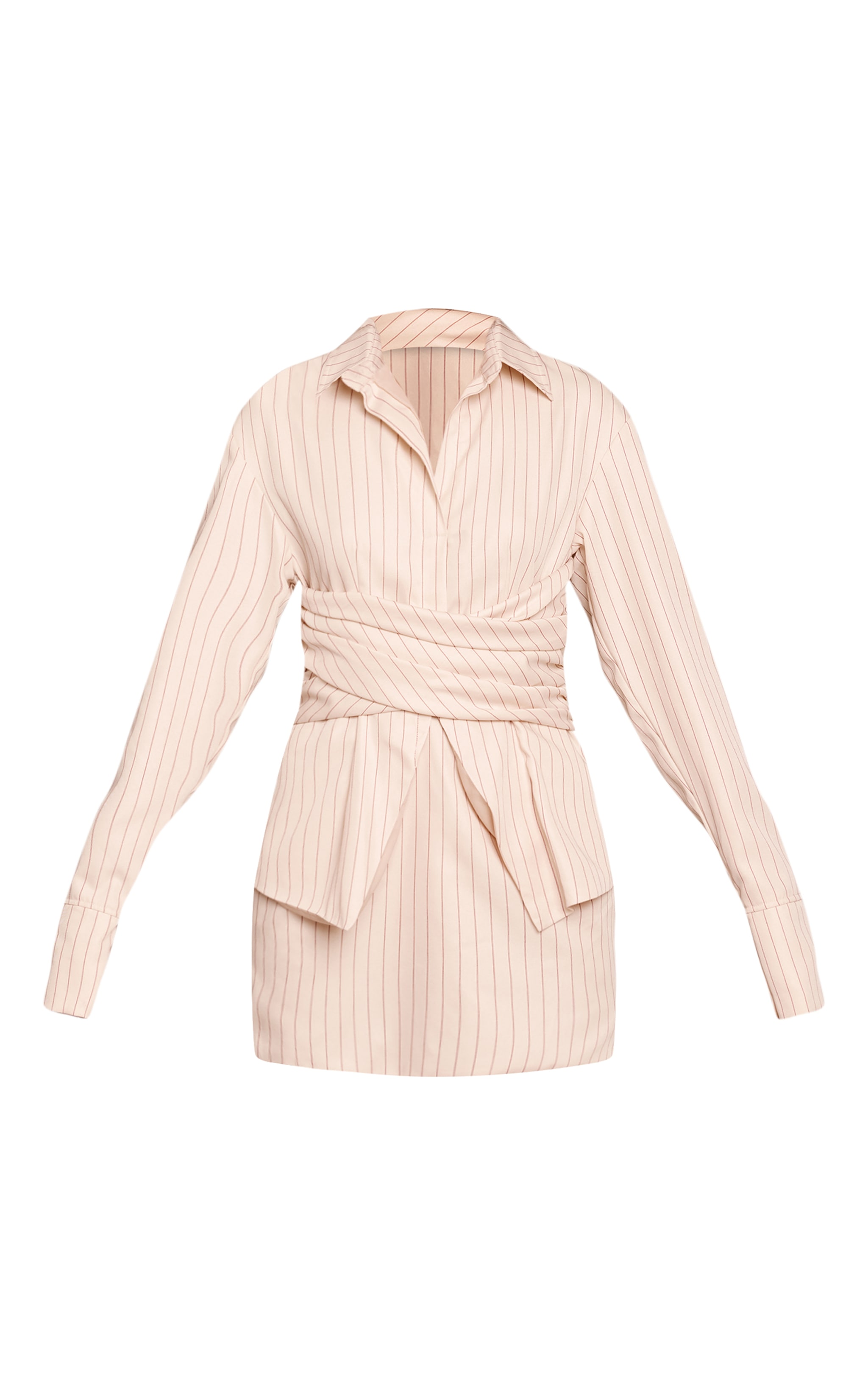 Cream Pinstripe Wrap Detail Long Sleeve Shirt Dress image 5