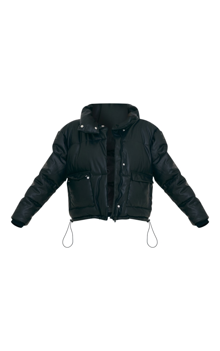 Black Pocket Front Faux Leather Oversized Puffer Coat image 5