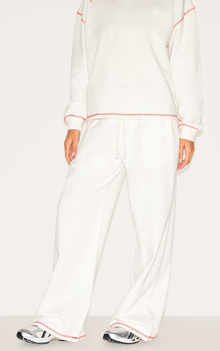Cream Contrast Stitch Loopback Wide Leg Sweatpants image 2