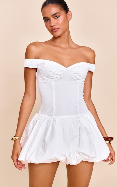 White Bardot Puffball Mini Dress