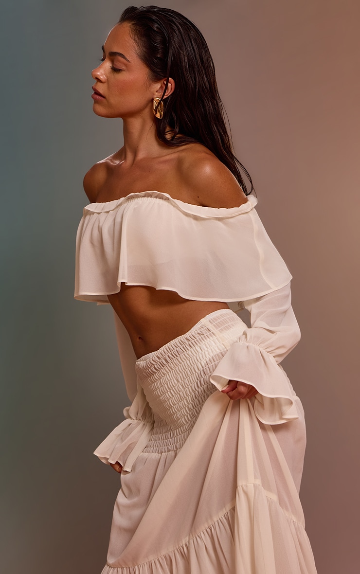 Cream Chiffon Frill Bardot Beach Top image 1