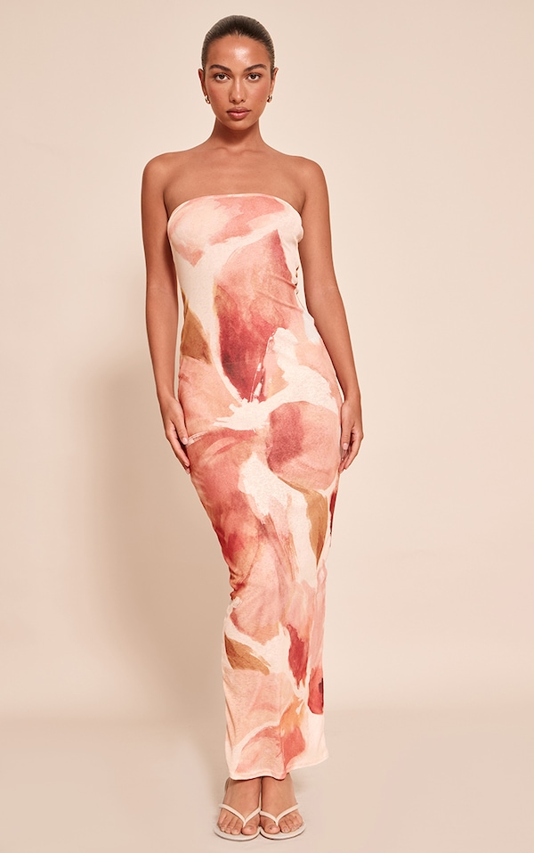Robe bustier longue texturée rose imprimé fleuri abstrait