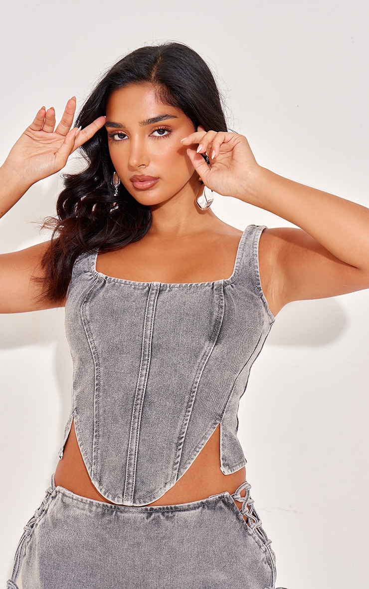 Petite Light Grey Denim Lace Up Corset Top | Petite
