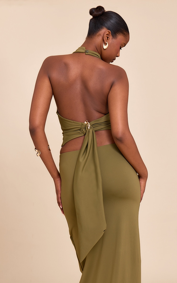 Top en Sculpt mat vert olive à dos nu ouvert et empiècement doré image 2