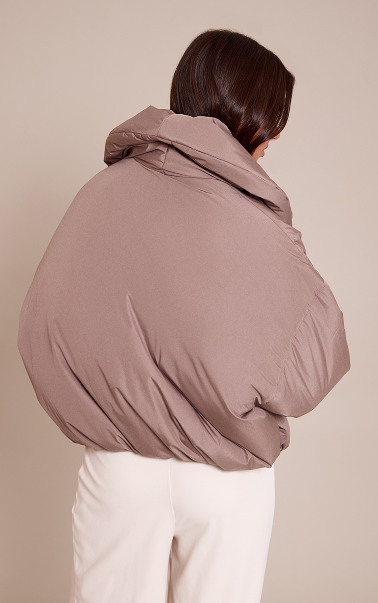 Taupe Exaggerated Collar Shell Puffer Jacket image 2