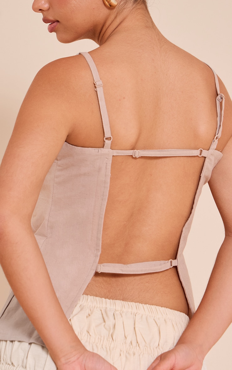Taupe Linen Blend Back Detail Long Cami Top image 4