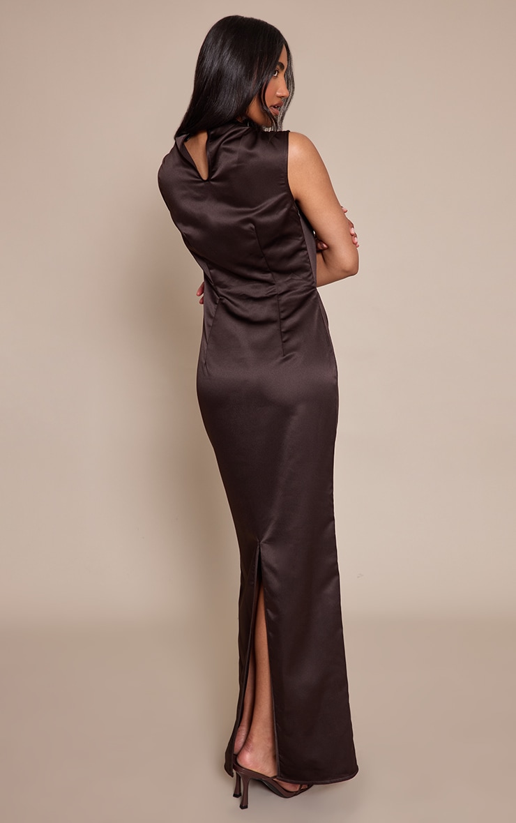 Chocolate Satin High Neck Cut Out Maxi Dress image 2