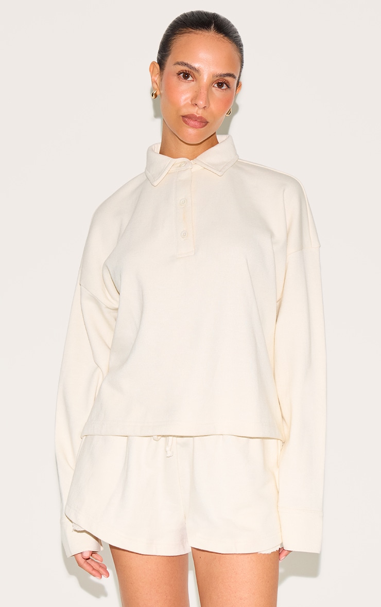 Petite Cream Loopback Oversized Polo Detail Sweatshirt image 1