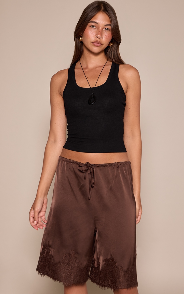 Chocolate Satin Lace Detail Long Shorts  image 5