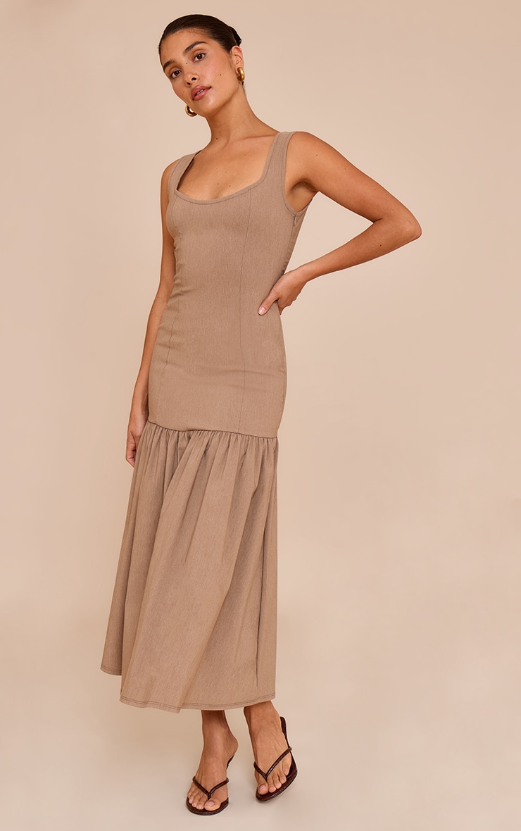 Petite Taupe Woven Scooped Drop Waist Pleated Maxi Dress image 3