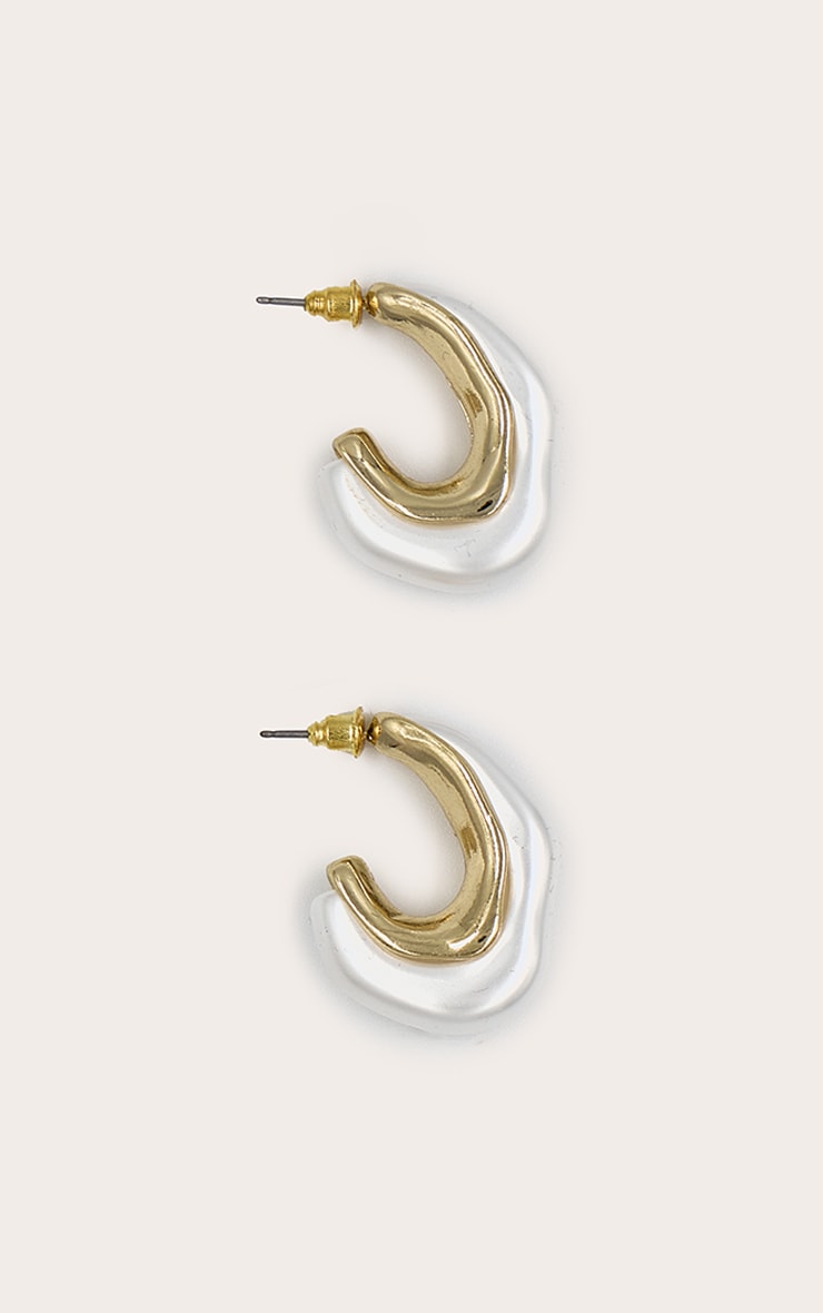 Gold Abstract Pearl Hoop Earrings image 2