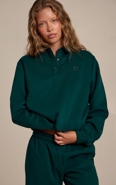 Pine Green Cotton Fleece Polo Sweatshirt