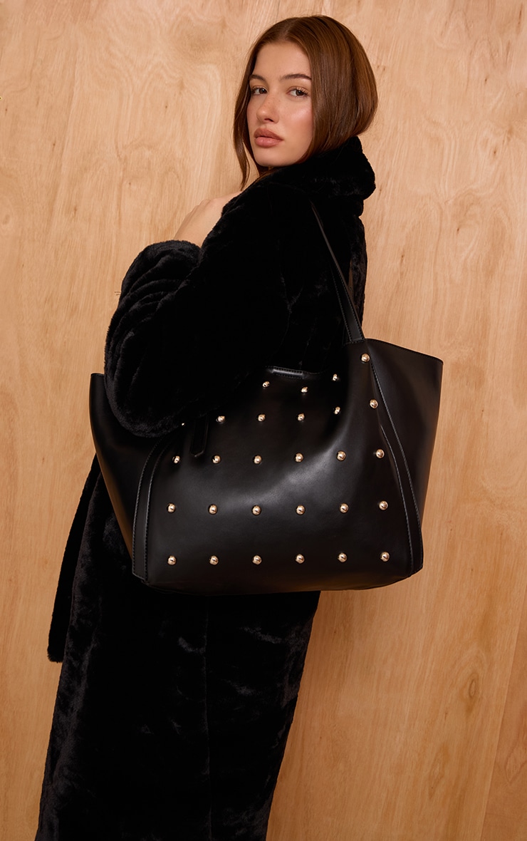 Black Dome Stud PU Adjustable Strap Tote Bag
