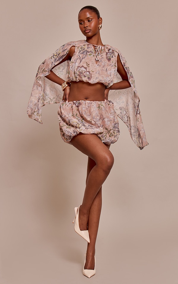 Pink Floral Chiffon Puff Ball Mini Skirt