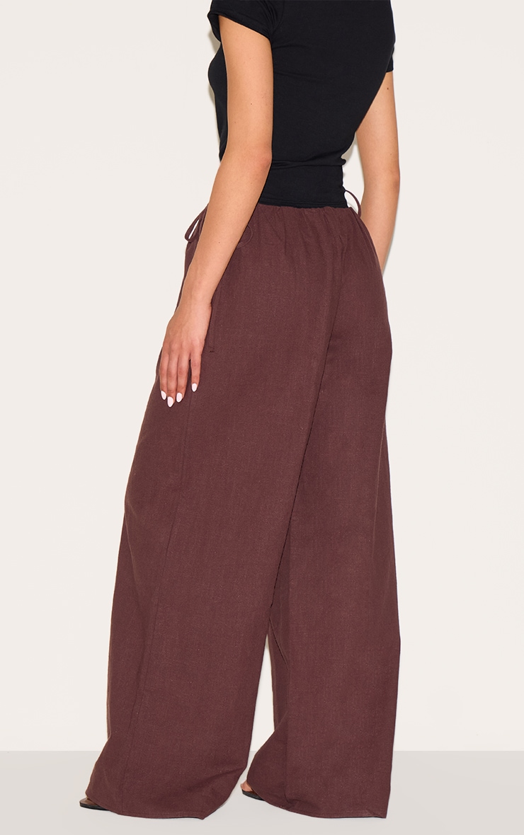 Tall Chocolate Premium Linen Look Side Tie Detail Wide Leg Pants image 3