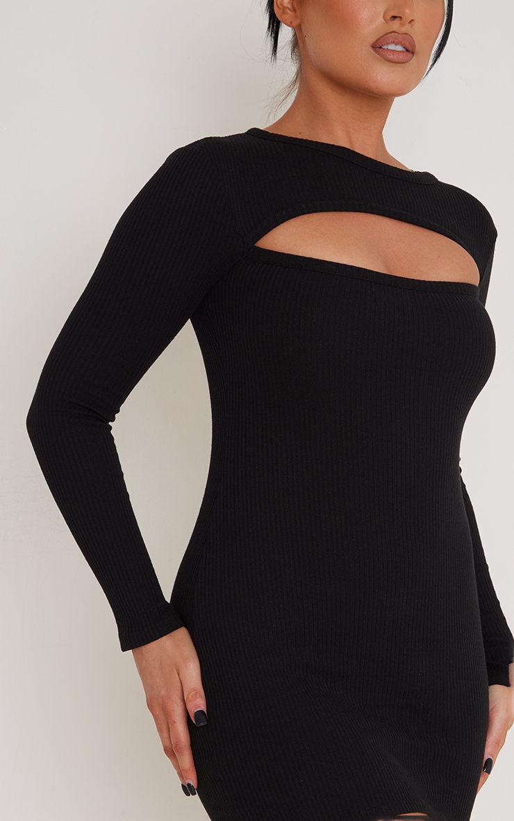 Black Rib Cut Out Detail Long Sleeve Bodycon Dress image 4