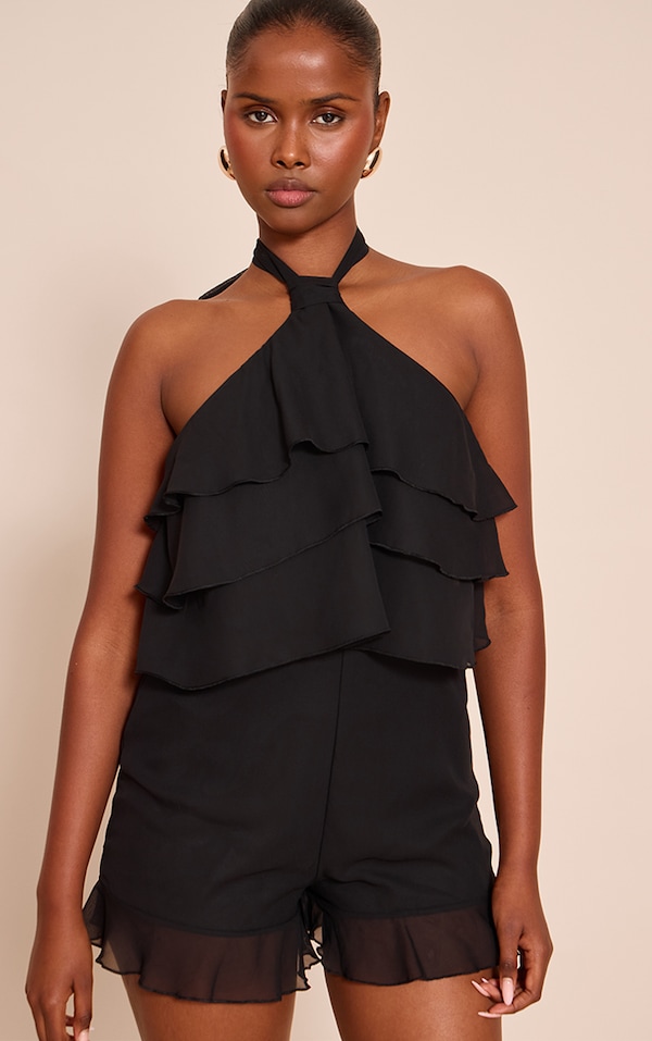 Black Chiffon Halter Neck Frill Romper