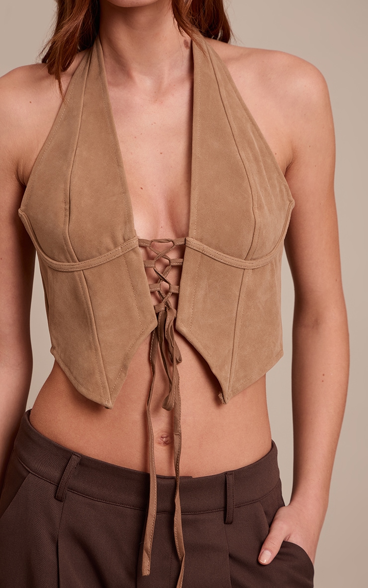 Top en suédine marron clair à dos nu et décolleté lacé image 4