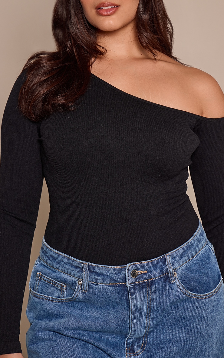 Plus Black Snatched Rib Asymmetric Long Sleeve Bodysuit image 4