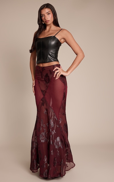 Plum Embroidered Sheer Godet Maxi Skirt