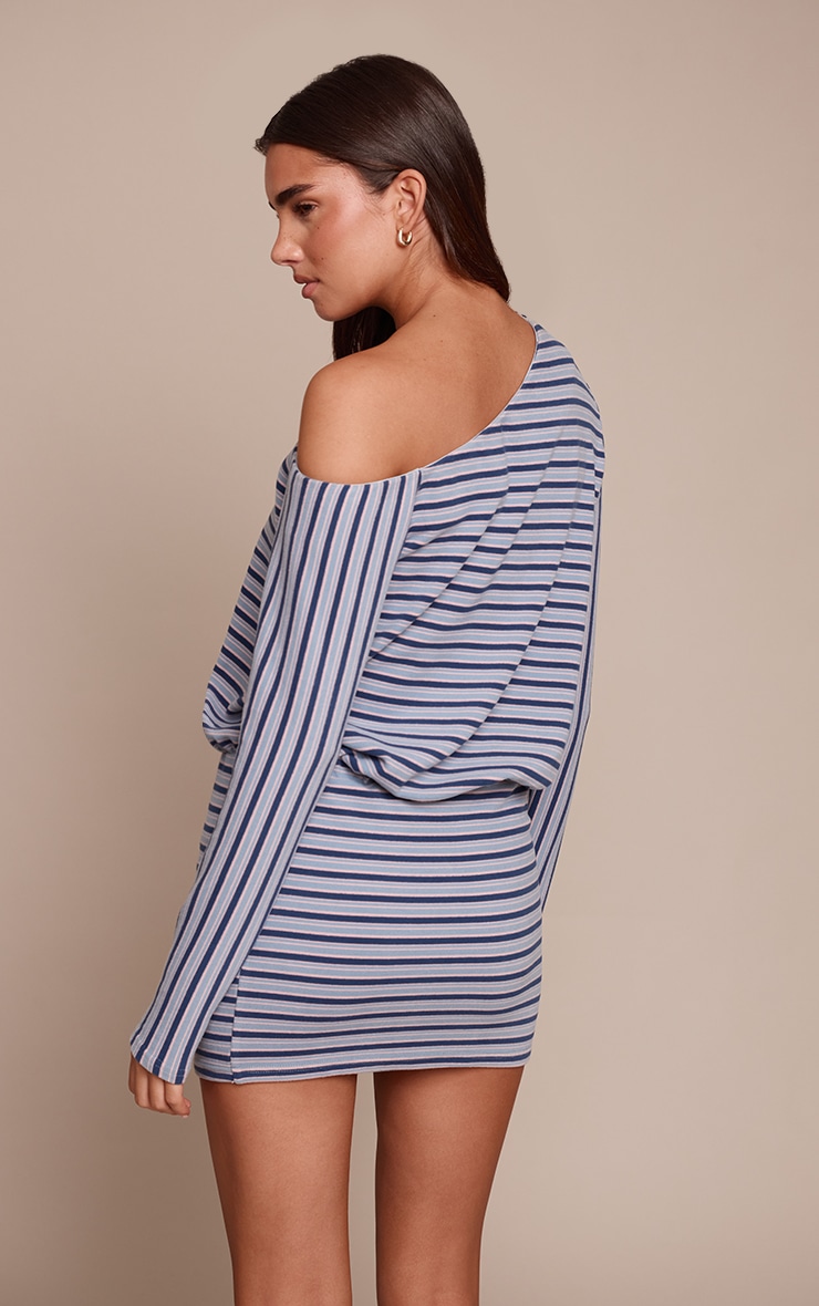 Navy Striped Asymmetric Long Sleeve Bodycon Dress image 2