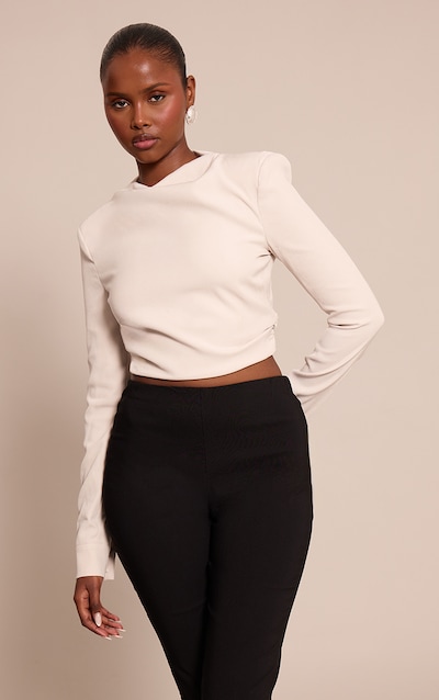 Stone Woven Shoulder Pad Detail Long Sleeve Top
