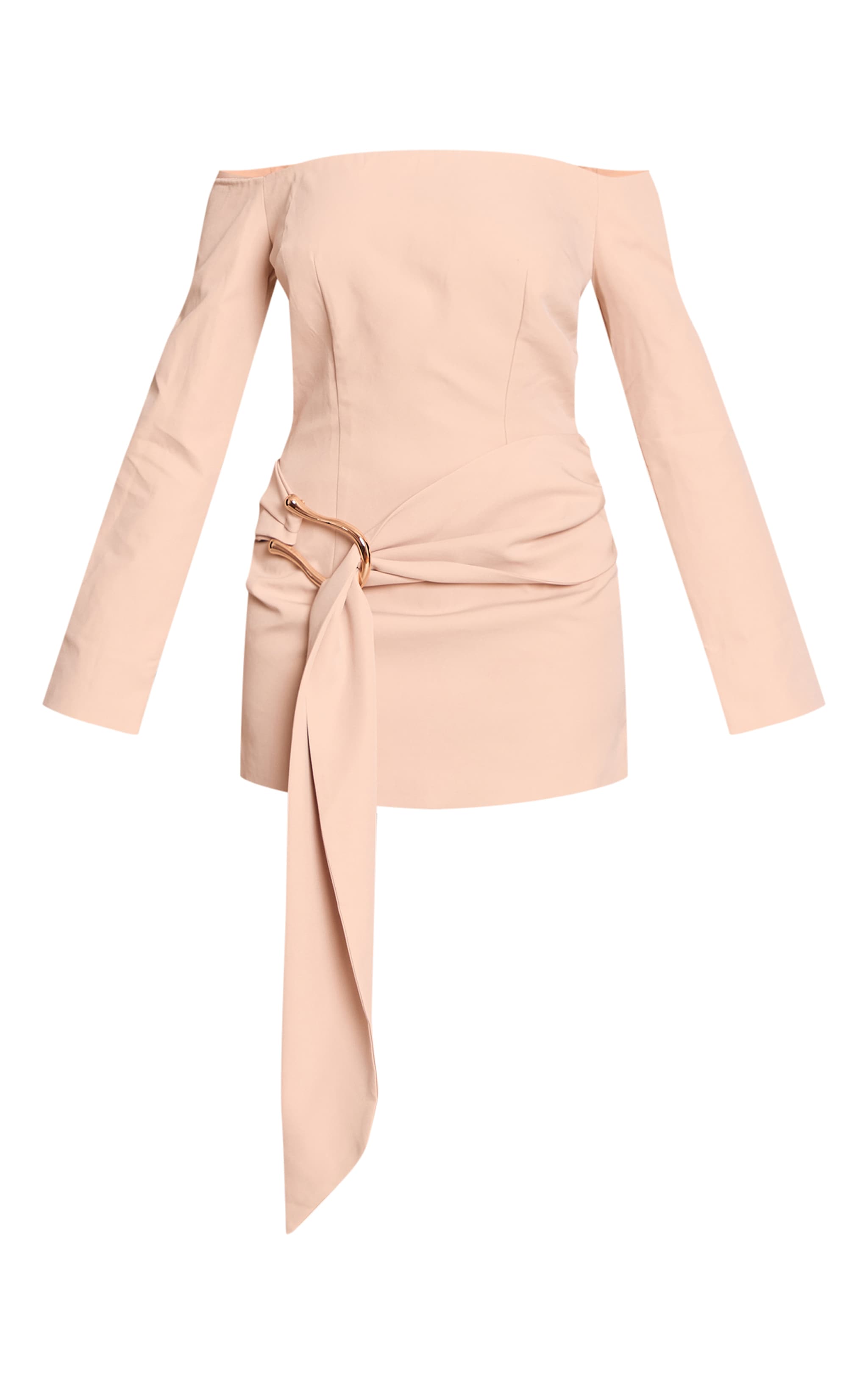 Cream Woven Belt Detail Long Sleeve Mini Dress image 5