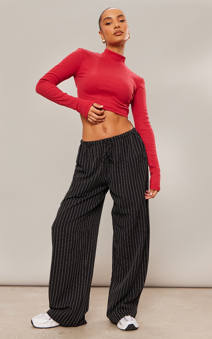 Red Ribbed Basic High Neck Long Sleeve Crop Top image 3