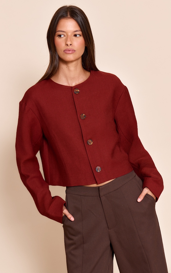 Rust Linen Look Boxy Button Up Jacket