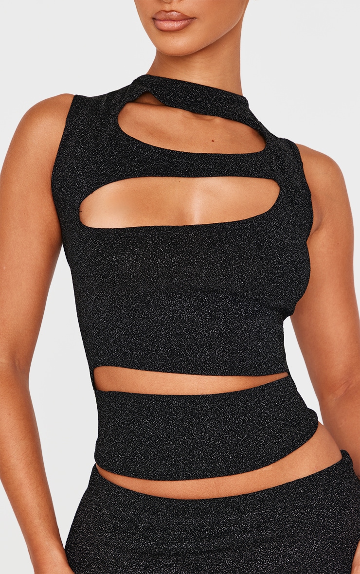 Petite Black Glitter Cut Out Detail Crop Top image 4