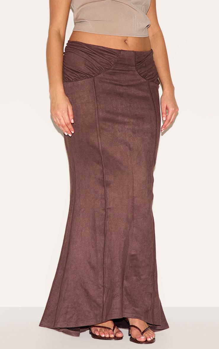 Plus Chocolate Faux Suede Ruching Waist Detail Maxi Skirt image 1