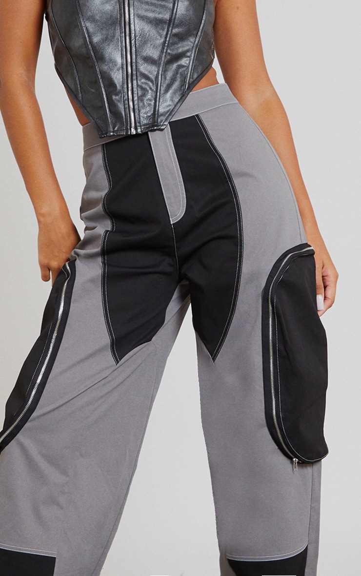 Charcoal Grey Contrast Panel Cargo Trousers image 4