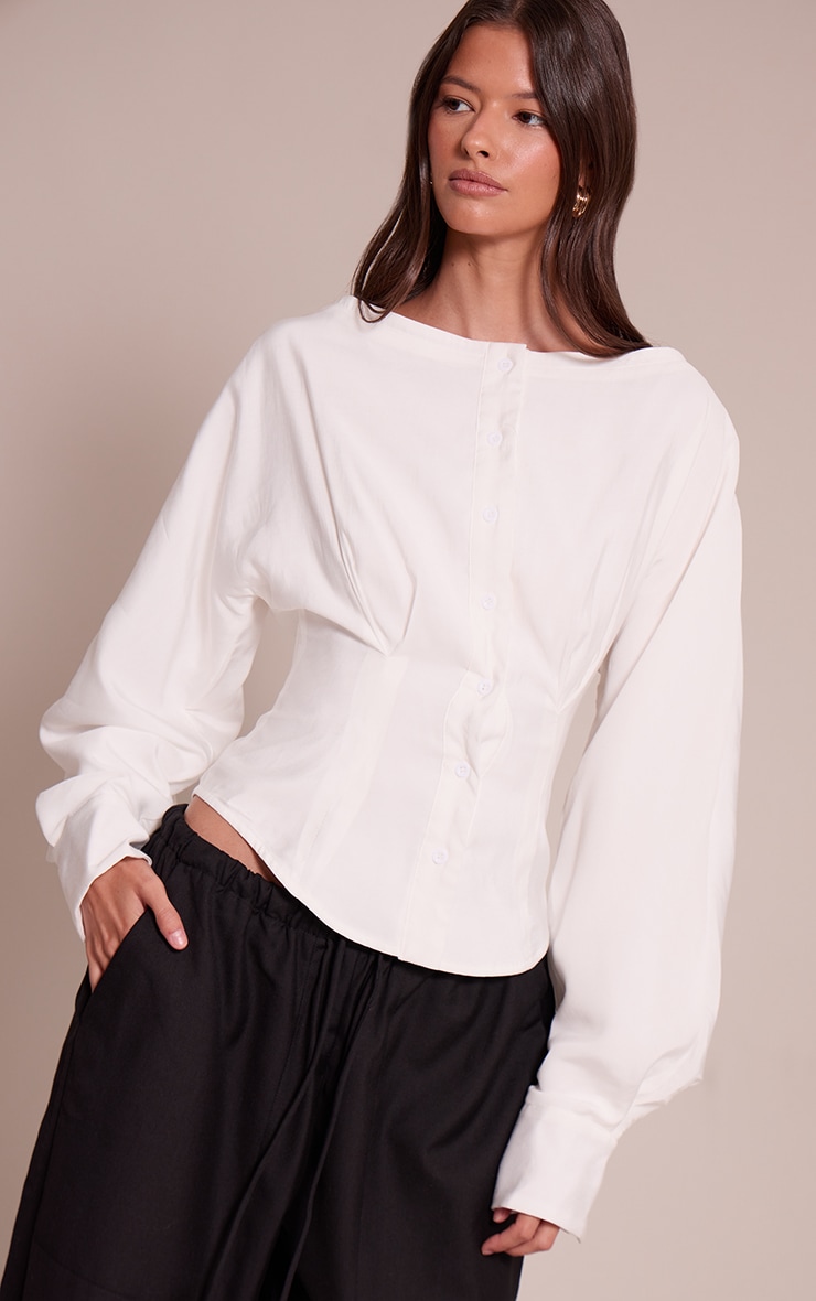 White Collarless Detail Long Sleeve Shirt image 1