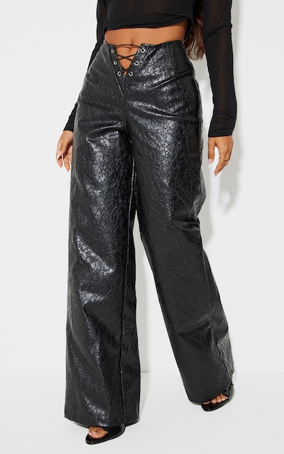 Petite Black Faux Leather Cracked Effect Lace Up Wide Leg Pants