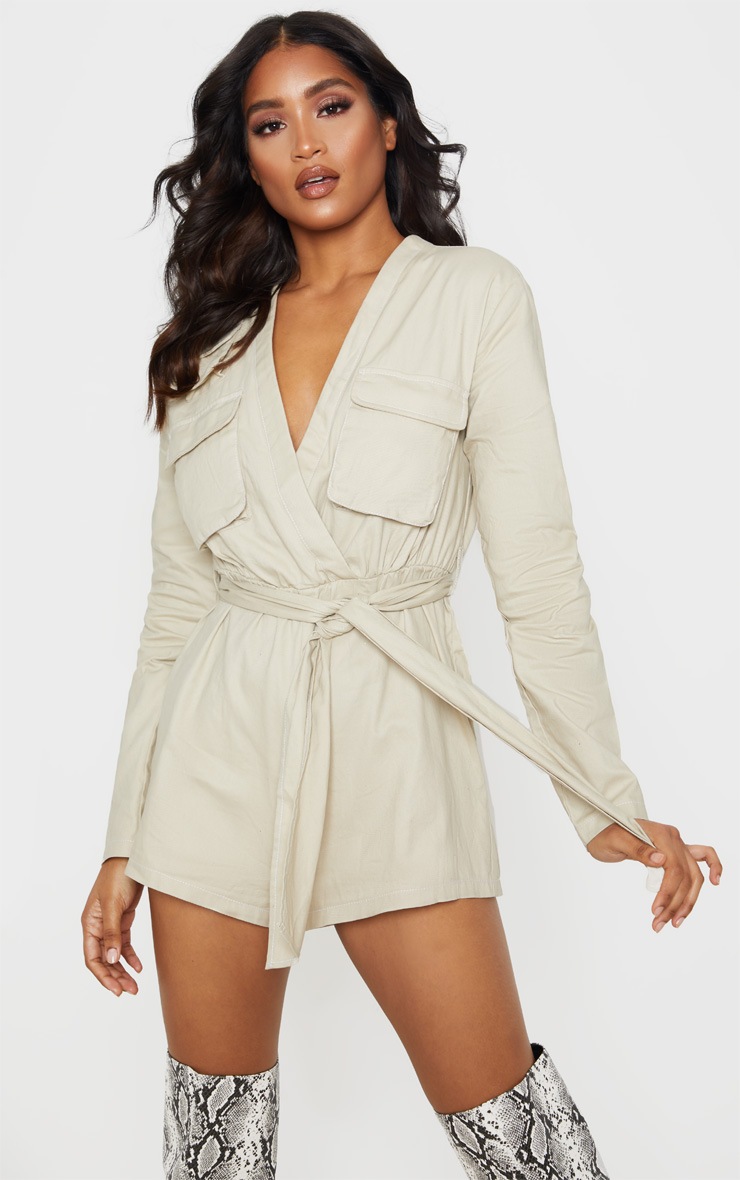 Stone Utility Pocket Detail Long Sleeve Playsuit
