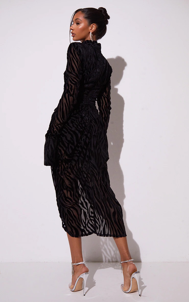 black-zebra-devore-high-neck-draped-midi-dress-dresses-plt