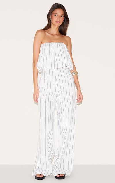 Stone Stripe Cotton Puffball Bandeau Straight Leg Jumpsuit