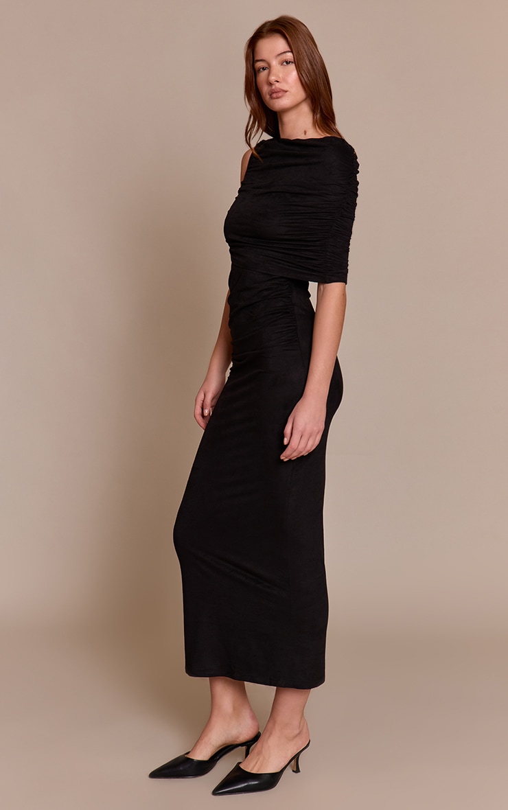 Black Faux Suede One Shoulder Drape Detail Maxi Dress image 3